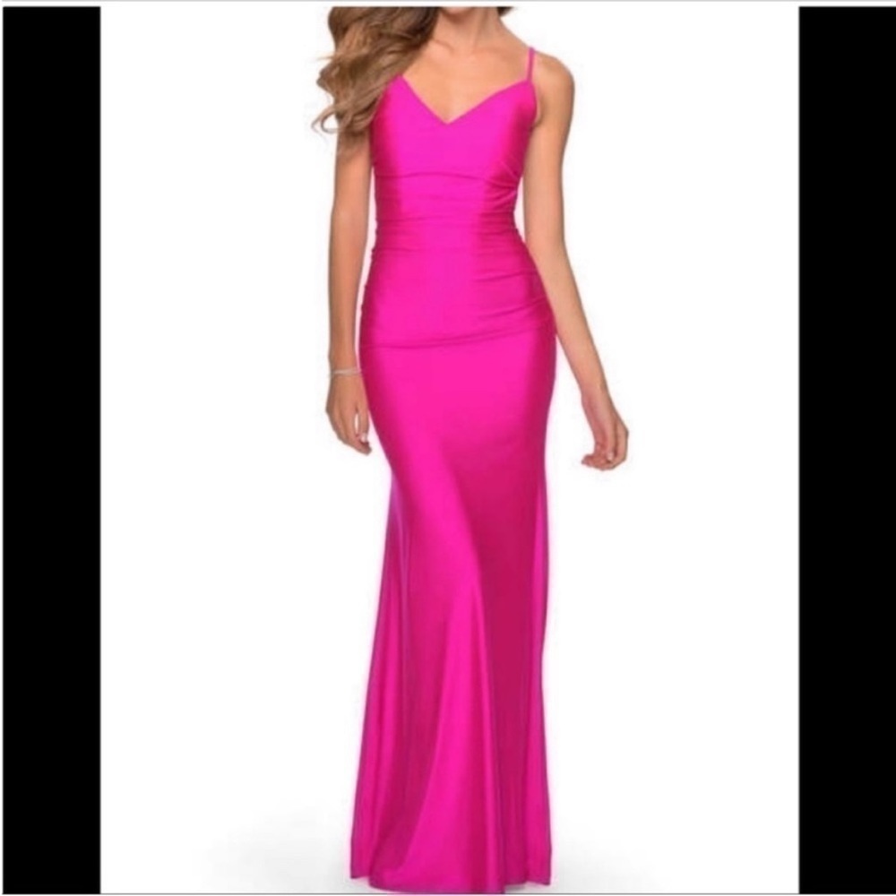 NWOT La Femme Hot Pink Ruched Jersey Gown Maxi Dress 29020 Women's Size 2